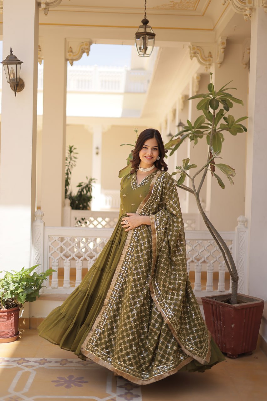 Enthralling Sequin Embroidered Mehendi Color Gown with Designer Dupatta - Festive Wear ClothsVilla
