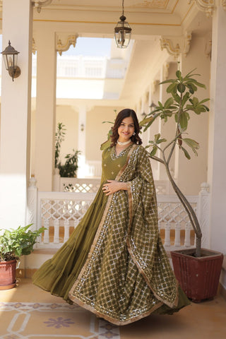 Enthralling Sequin Embroidered Mehendi Color Gown with Designer Dupatta - Festive Wear ClothsVilla