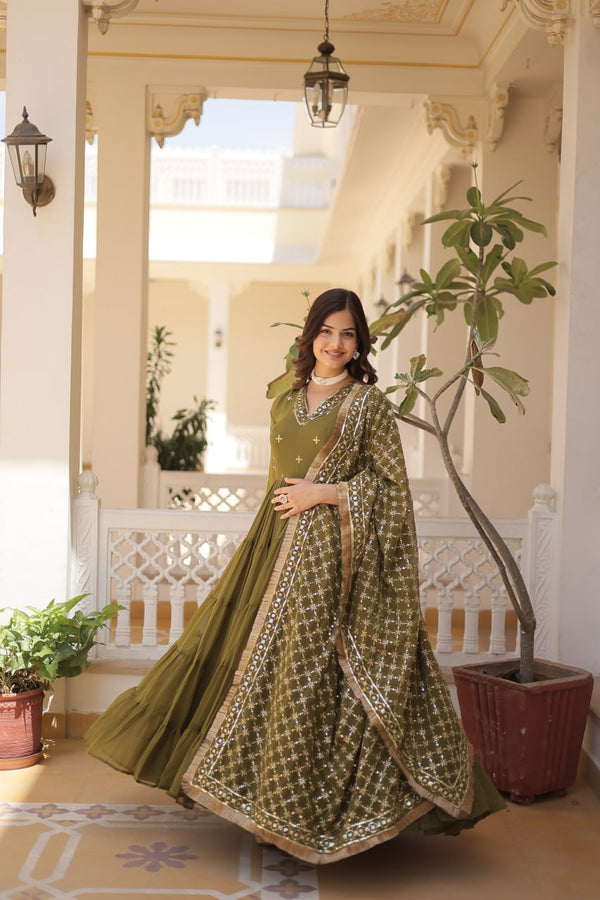 Enthralling Sequin Embroidered Mehendi Color Gown with Designer Dupatta - Festive Wear ClothsVilla
