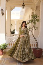 Load image into Gallery viewer, Enthralling Sequin Embroidered Mehendi Color Gown with Designer Dupatta - Festive Wear ClothsVilla