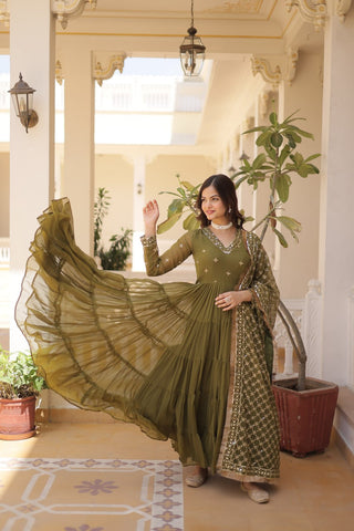 Enthralling Sequin Embroidered Mehendi Color Gown with Designer Dupatta - Festive Wear ClothsVilla