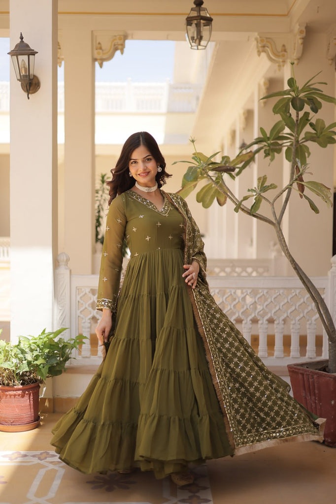 Enthralling Sequin Embroidered Mehendi Color Gown with Designer Dupatta - Festive Wear ClothsVilla