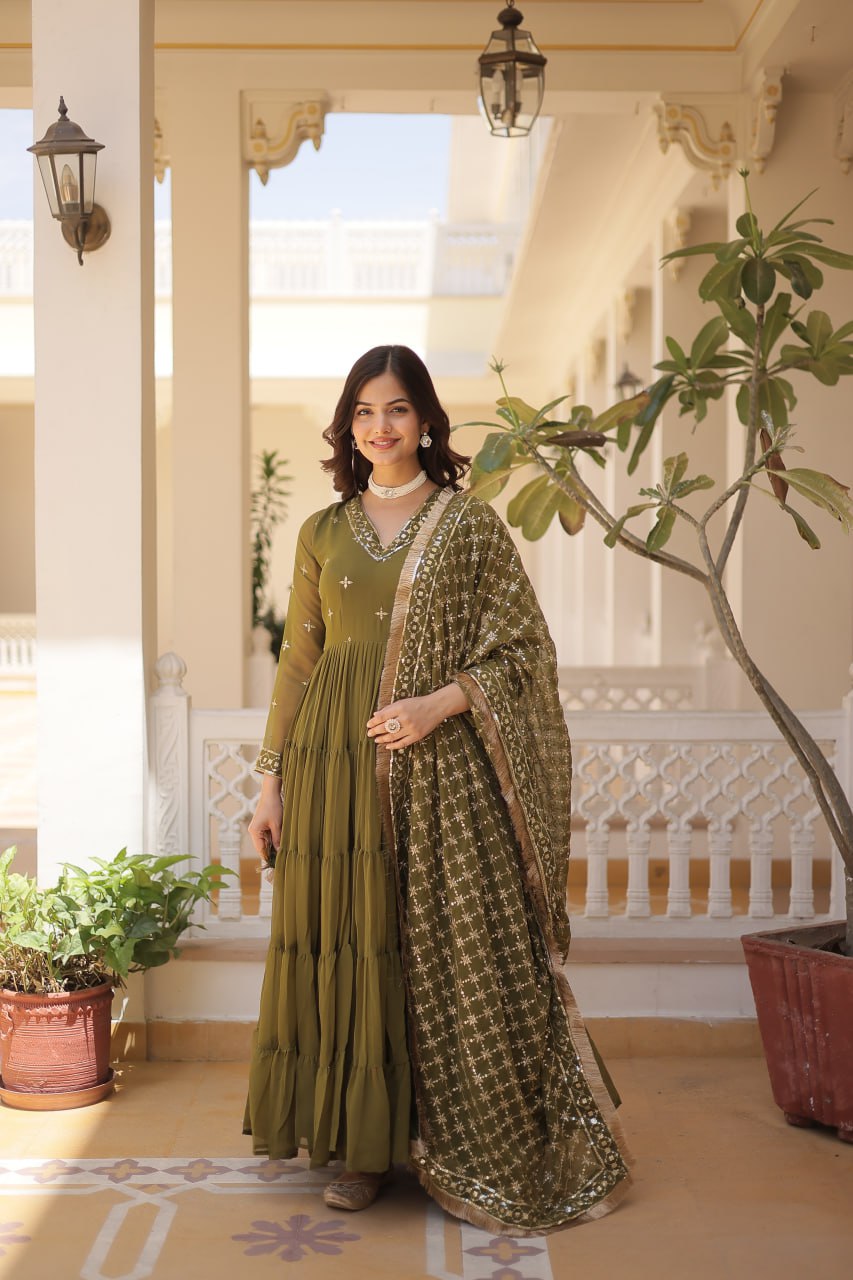 Enthralling Sequin Embroidered Mehendi Color Gown with Designer Dupatta - Festive Wear ClothsVilla