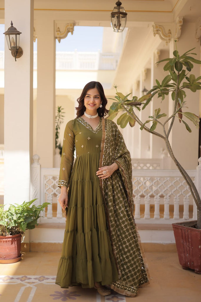 Enthralling Sequin Embroidered Mehendi Color Gown with Designer Dupatta - Festive Wear ClothsVilla