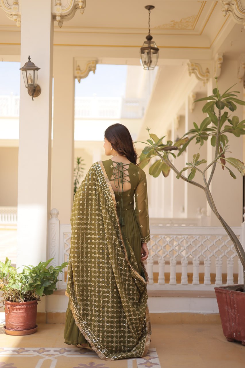 Enthralling Sequin Embroidered Mehendi Color Gown with Designer Dupatta - Festive Wear ClothsVilla