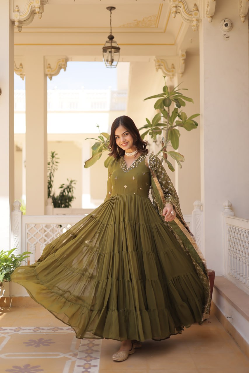 Enthralling Sequin Embroidered Mehendi Color Gown with Desig Enthralling Sequin Embroidered Mehendi Color Gown with Desig