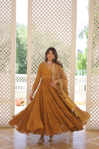 Enthralling Sequin Embroidered Mustard Yellow Gown with Designer Dupatta - Festive Wear ClothsVilla