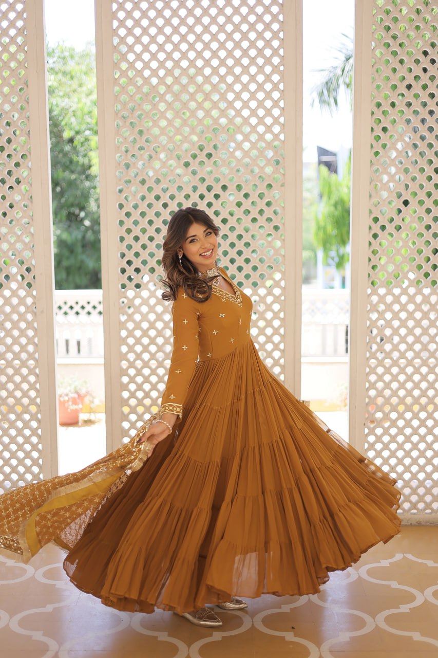 Enthralling Sequin Embroidered Mustard Yellow Gown with Designer Dupatta - Festive Wear ClothsVilla Main image