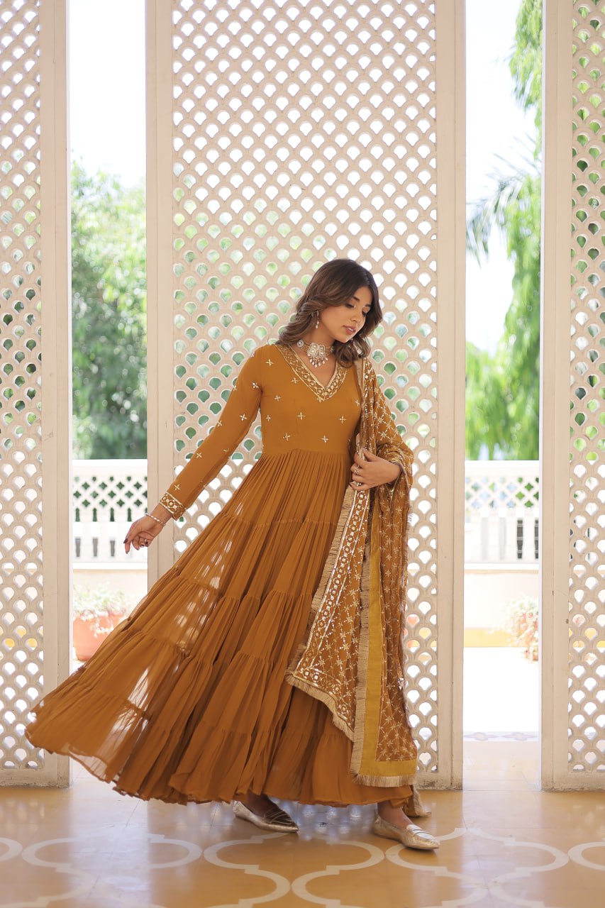 Enthralling Sequin Embroidered Mustard Yellow Gown with Designer Dupatta - Festive Wear ClothsVilla