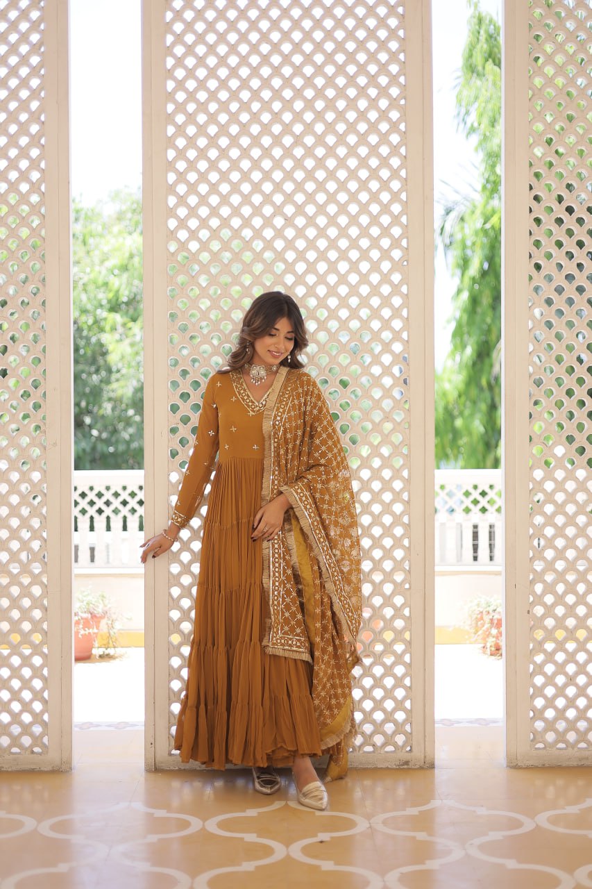 Enthralling Sequin Embroidered Mustard Yellow Gown with Designer Dupatta - Festive Wear ClothsVilla