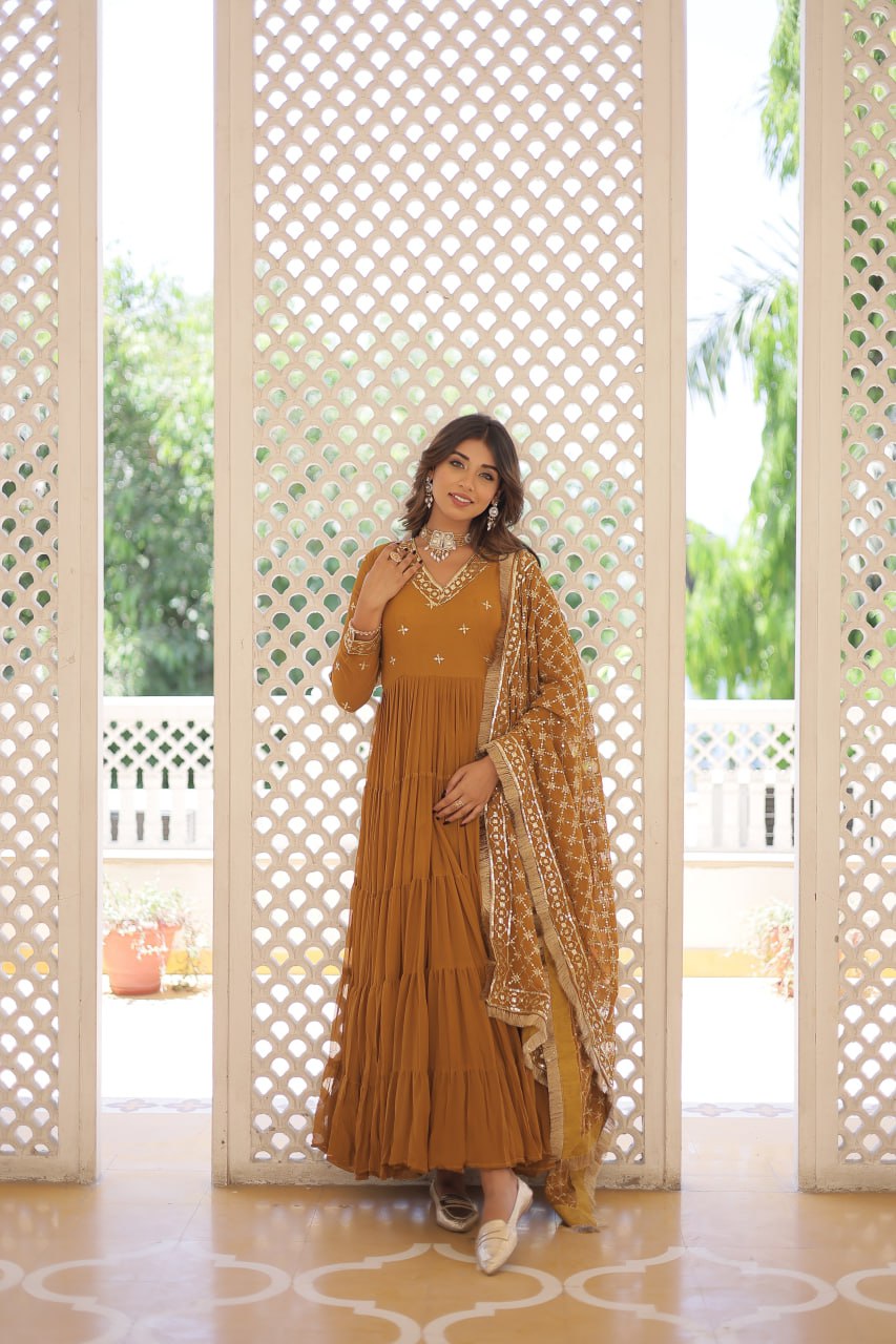 Enthralling Sequin Embroidered Mustard Yellow Gown with Designer Dupatta - Festive Wear ClothsVilla
