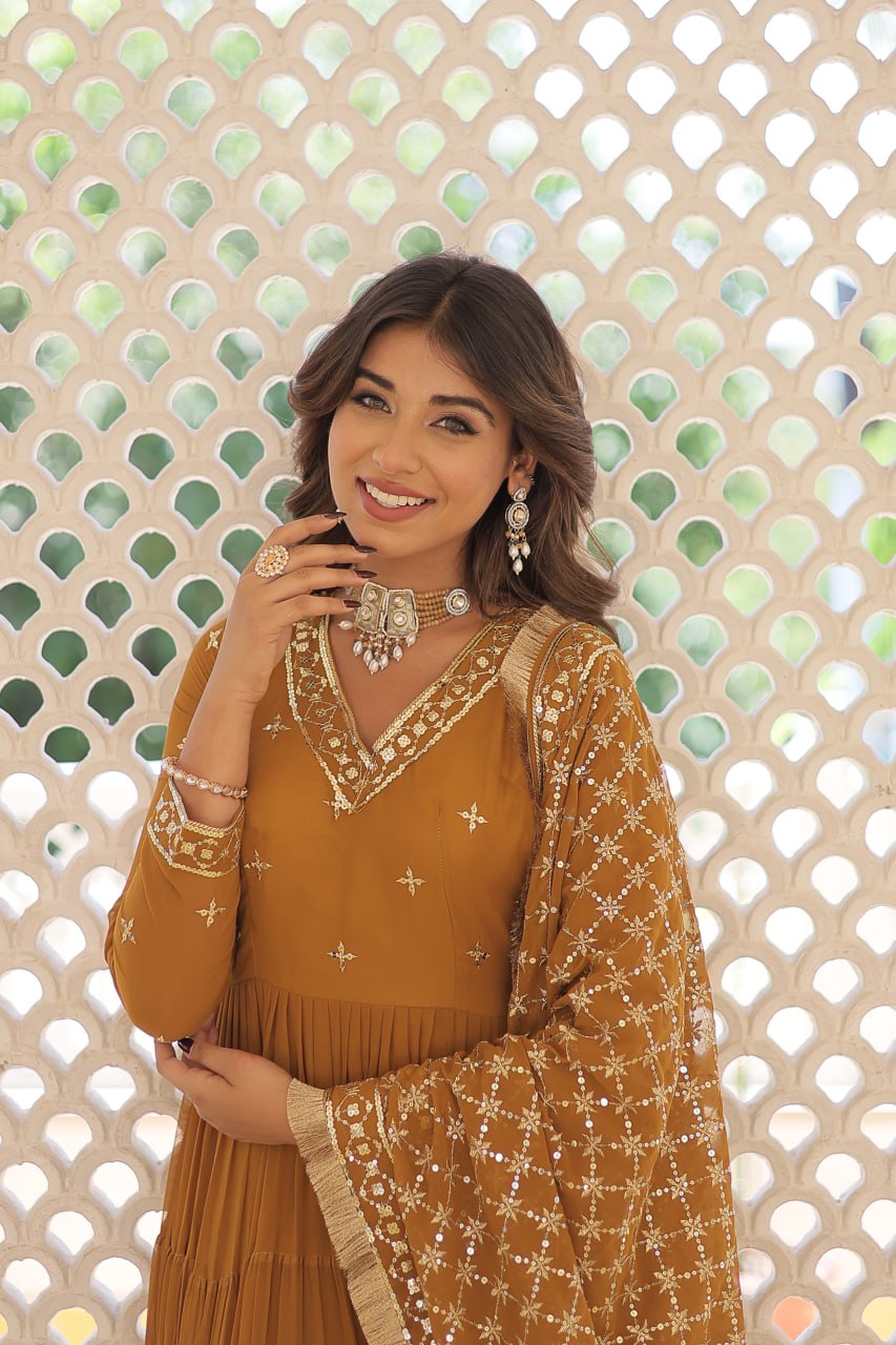 Enthralling Sequin Embroidered Mustard Yellow Gown with Designer Dupatta - Festive Wear ClothsVilla