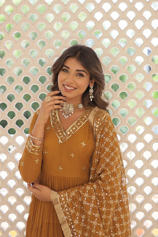 Enthralling Sequin Embroidered Mustard Yellow Gown with Designer Dupatta - Festive Wear ClothsVilla
