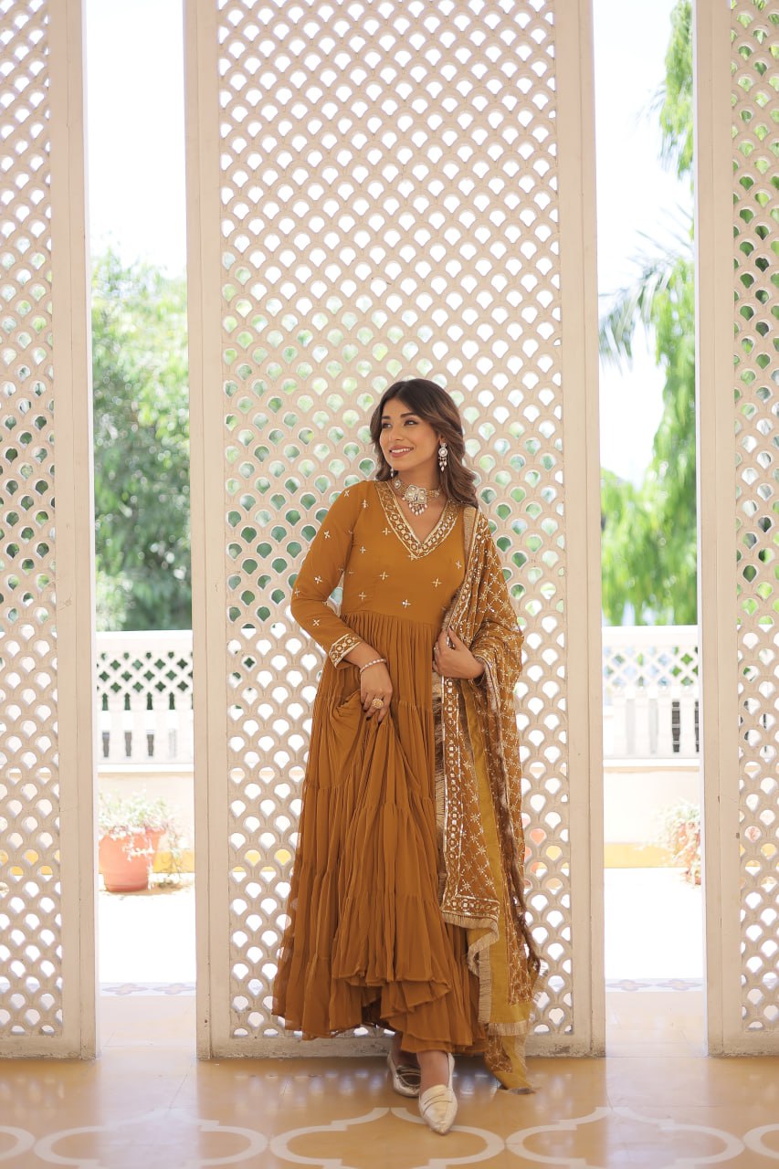 Enthralling Sequin Embroidered Mustard Yellow Gown with Designer Dupatta - Festive Wear ClothsVilla
