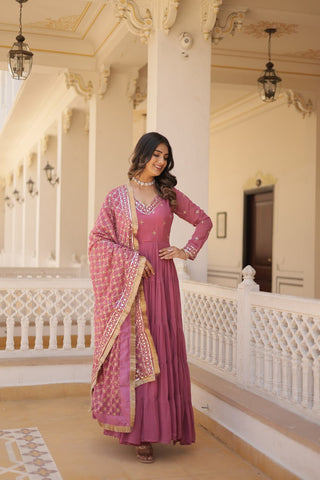Enthralling Sequin Embroidered Onion Color Gown with Designer Dupatta - Festive Wear ClothsVilla
