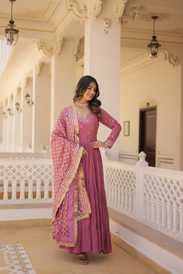 Enthralling Sequin Embroidered Onion Color Gown with Designer Dupatta - Festive Wear ClothsVilla