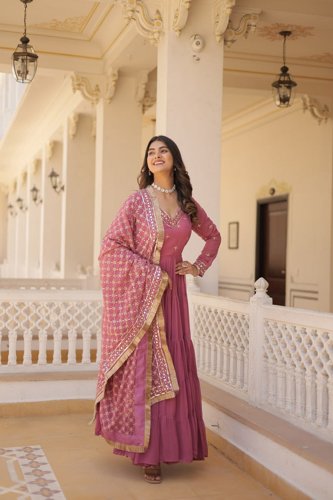 Enthralling Sequin Embroidered Onion Color Gown with Designer Dupatta - Festive Wear ClothsVilla