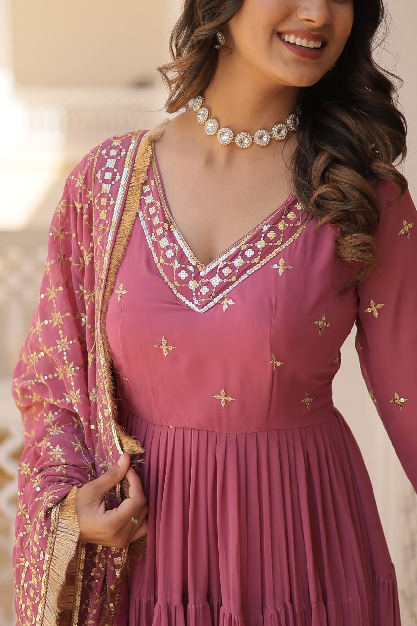 Enthralling Sequin Embroidered Onion Color Gown with Designer Dupatta - Festive Wear ClothsVilla
