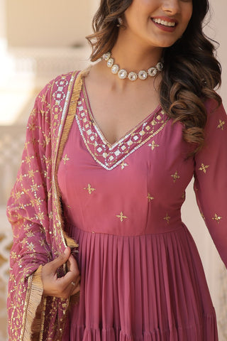 Enthralling Sequin Embroidered Onion Color Gown with Designer Dupatta - Festive Wear ClothsVilla