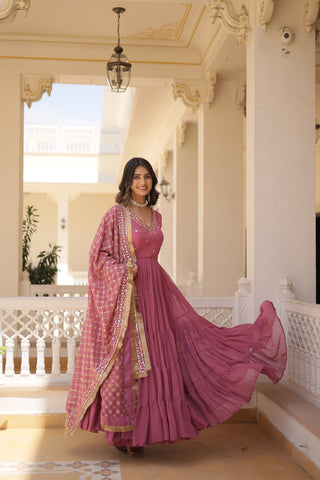 Enthralling Sequin Embroidered Onion Color Gown with Designer Dupatta - Festive Wear ClothsVilla