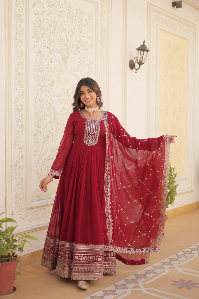 Faux Blooming Sequin Maroon Gown with Embroidered Dupatta ClothsVilla