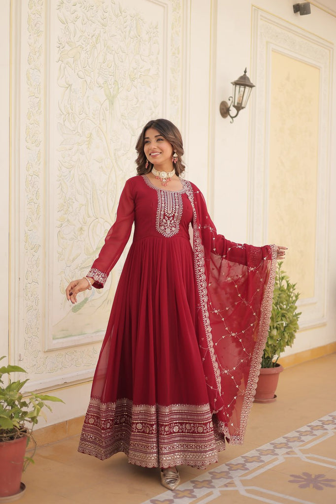 Faux Blooming Sequin Maroon Gown with Embroidered Dupatta ClothsVilla