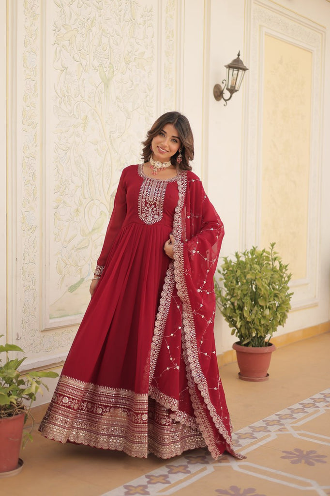 Faux Blooming Sequin Maroon Gown with Embroidered Dupatta ClothsVilla