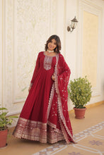 Load image into Gallery viewer, Faux Blooming Sequin Maroon Gown with Embroidered Dupatta ClothsVilla