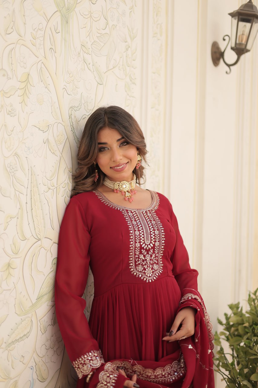Faux Blooming Sequin Maroon Gown with Embroidered Dupatta ClothsVilla