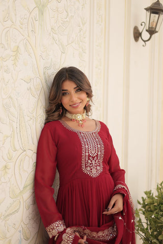 Faux Blooming Sequin Maroon Gown with Embroidered Dupatta ClothsVilla