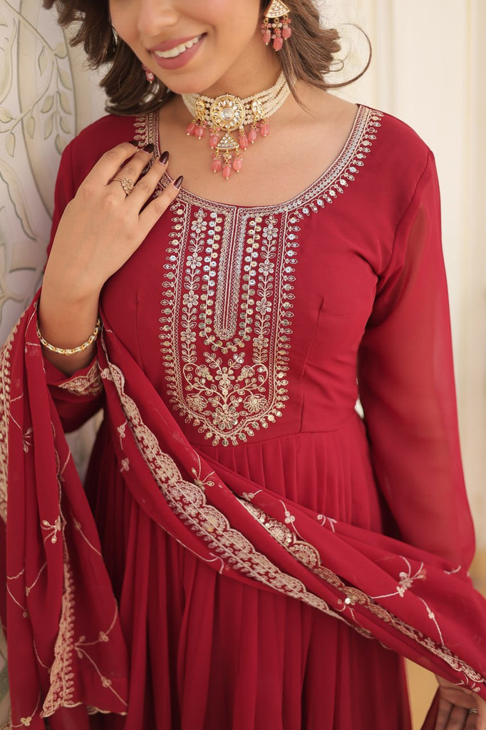 Faux Blooming Sequin Maroon Gown with Embroidered Dupatta ClothsVilla