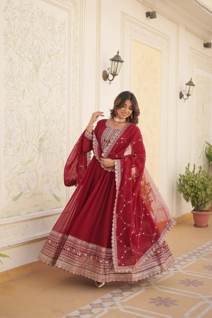 Faux Blooming Sequin Maroon Gown with Embroidered Dupatta ClothsVilla