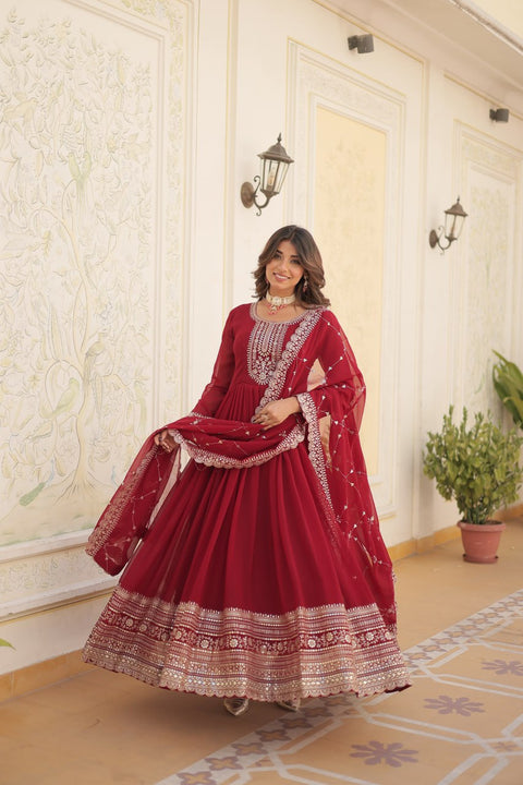 Faux Blooming Sequin Maroon Gown with Embroidered Dupatta ClothsVilla Main image