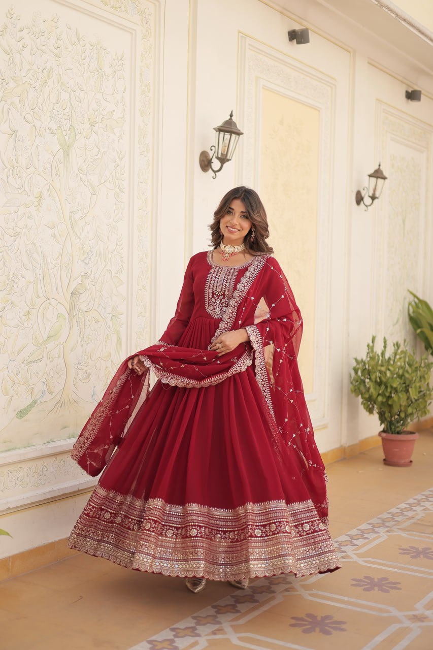 Faux Blooming Sequin Maroon Gown with Embroidered Dupatta ClothsVilla Main image