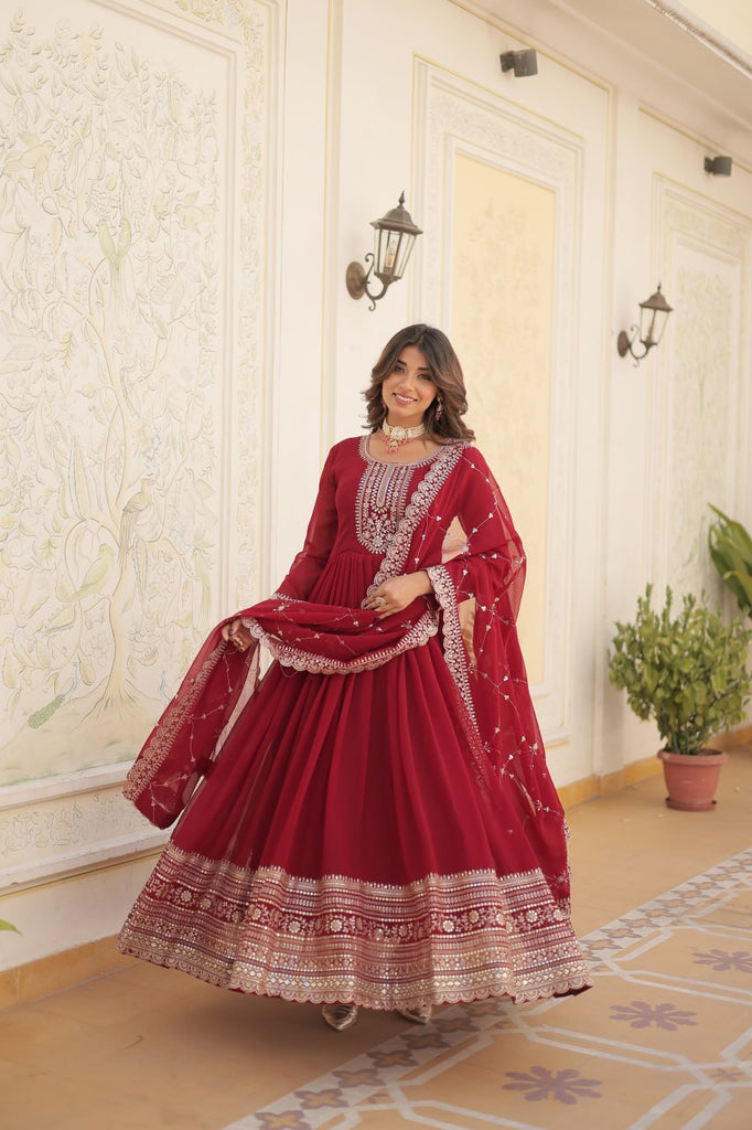 Faux Blooming Sequin Maroon Gown with Embroidered Dupatta ClothsVilla