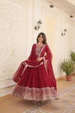 Load image into Gallery viewer, Faux Blooming Sequin Maroon Gown with Embroidered Dupatta ClothsVilla