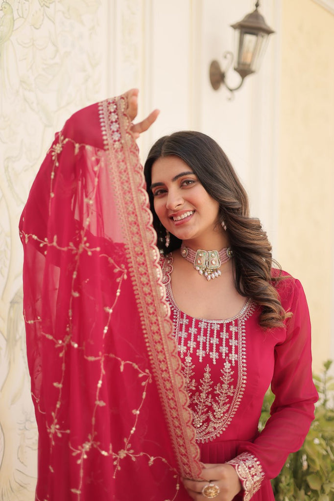 Faux Blooming Sequin Pink Gown with Embroidered Dupatta ClothsVilla