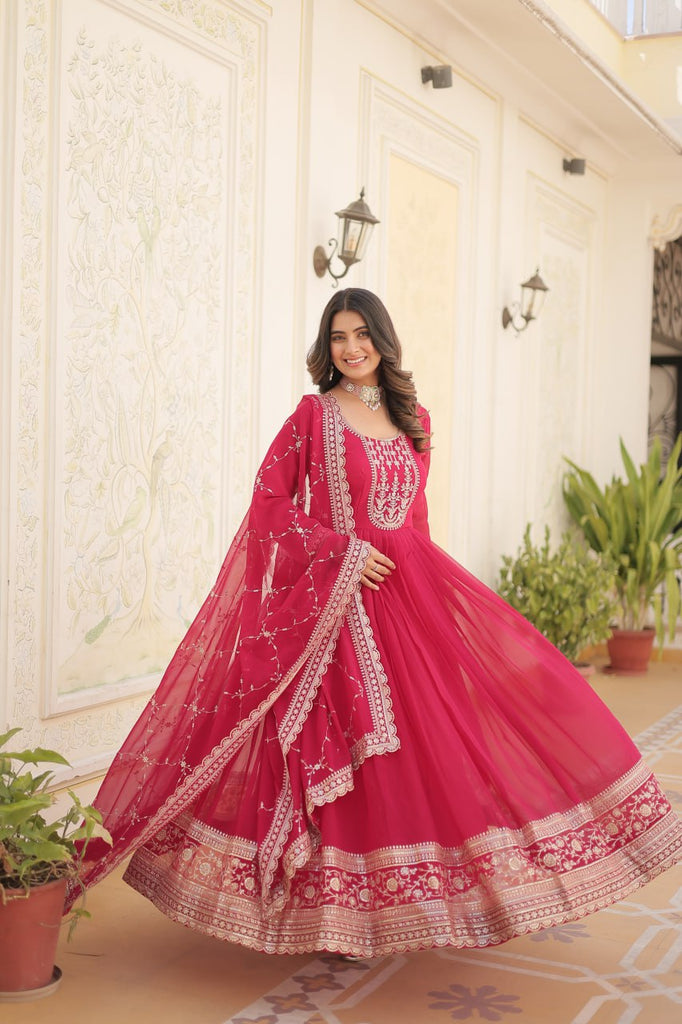 Faux Blooming Sequin Pink Gown with Embroidered Dupatta ClothsVilla