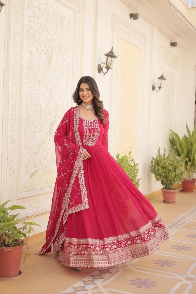 Faux Blooming Sequin Pink Gown with Embroidered Dupatta ClothsVilla