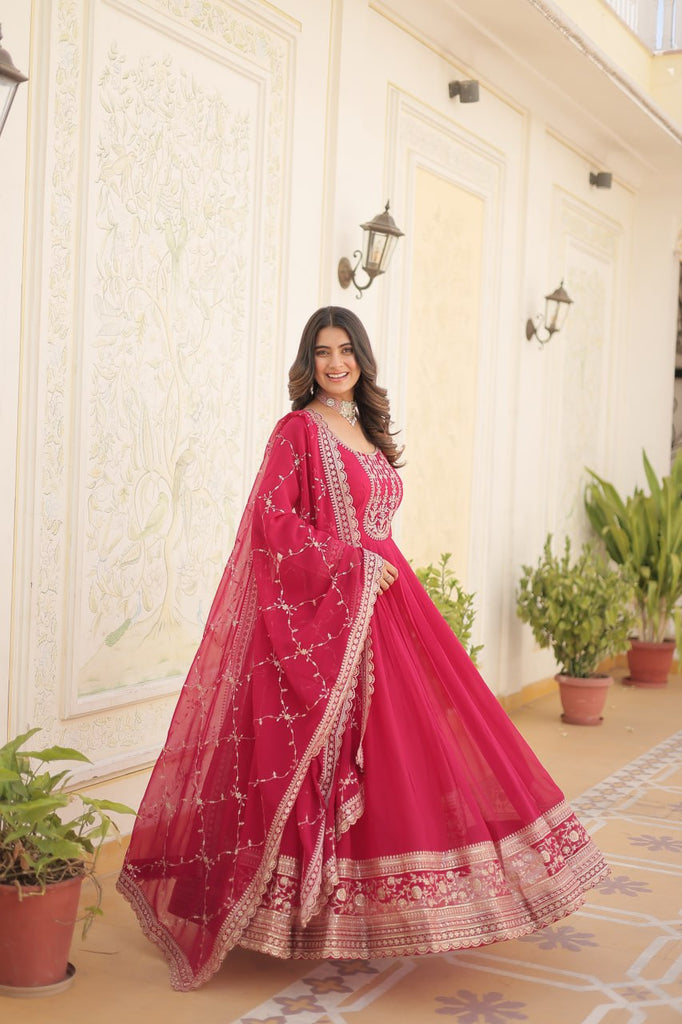 Faux Blooming Sequin Pink Gown with Embroidered Dupatta ClothsVilla