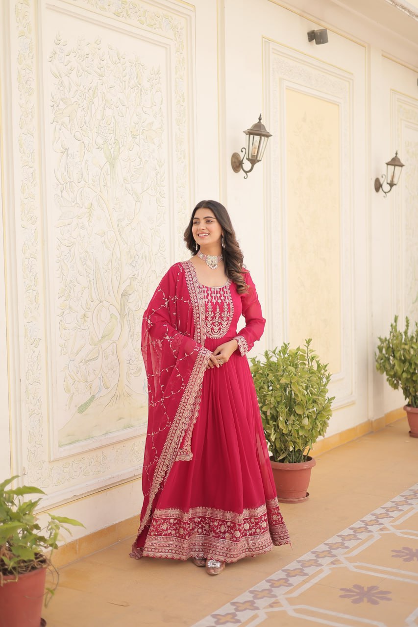 Faux Blooming Sequin Pink Gown with Embroidered Dupatta ClothsVilla Main image