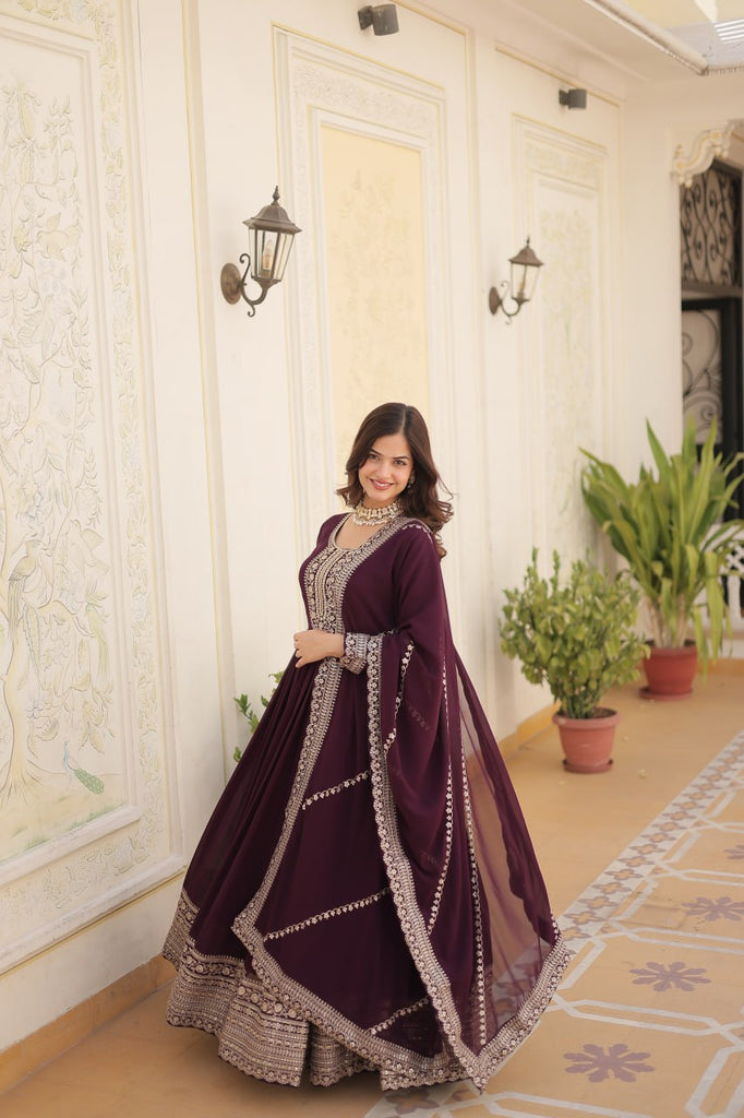 Faux Blooming Sequin Wine Gown with Embroidered Dupatta ClothsVilla