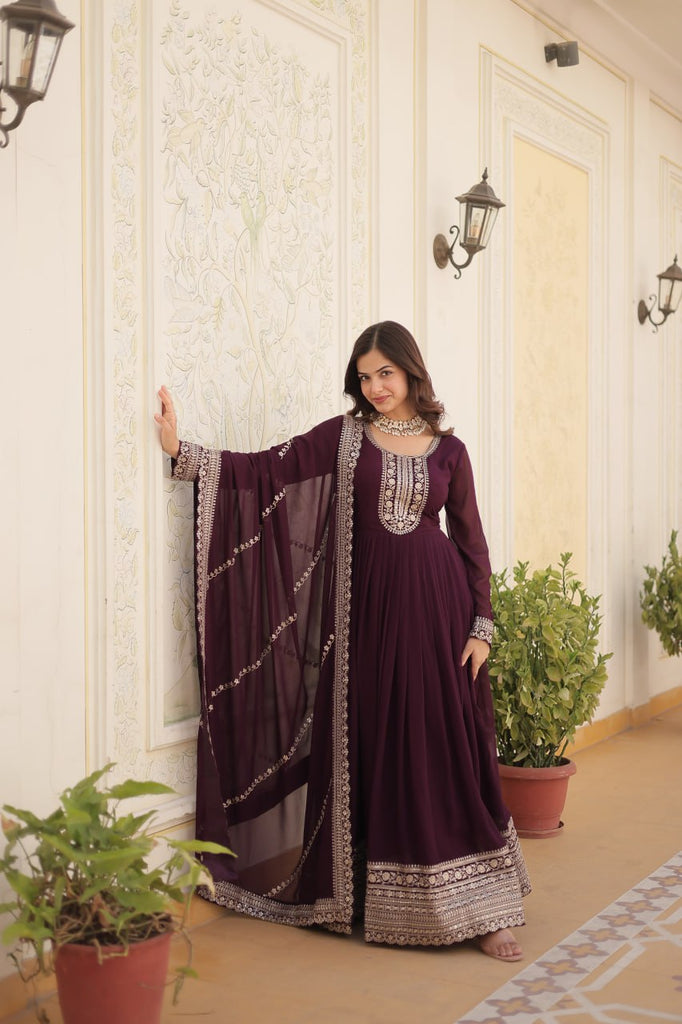 Faux Blooming Sequin Wine Gown with Embroidered Dupatta ClothsVilla