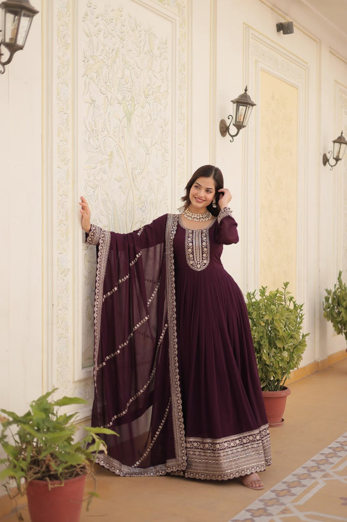 Faux Blooming Sequin Wine Gown with Embroidered Dupatta ClothsVilla