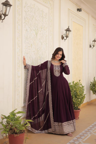 Faux Blooming Sequin Wine Gown with Embroidered Dupatta ClothsVilla