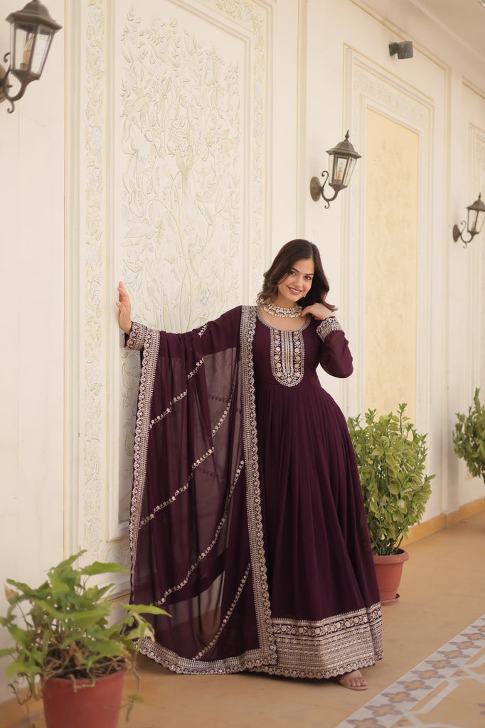 Faux Blooming Sequin Wine Gown with Embroidered Dupatta ClothsVilla