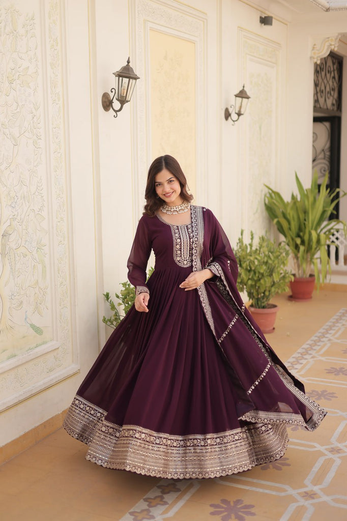 Faux Blooming Sequin Wine Gown with Embroidered Dupatta ClothsVilla