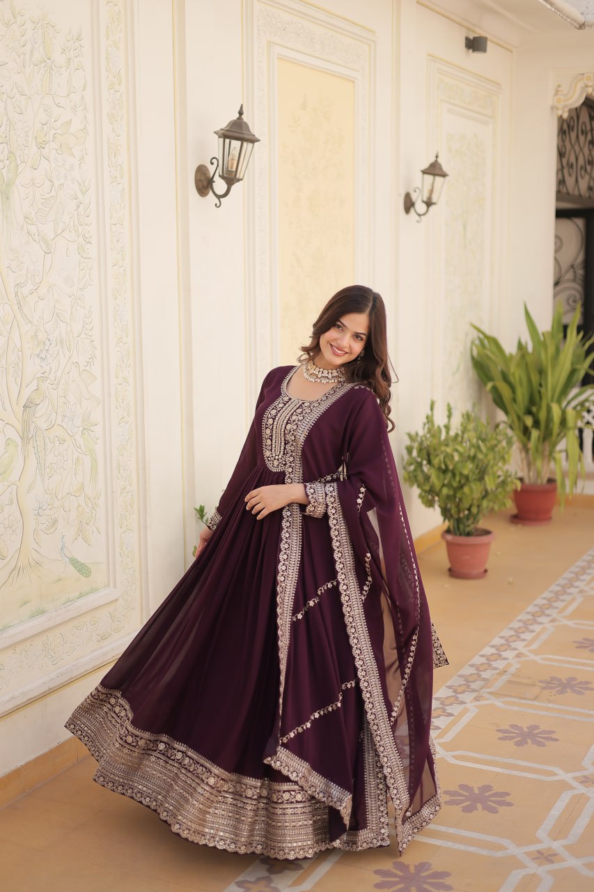Faux Blooming Sequin Wine Gown with Embroidered Dupatta ClothsVilla Main image
