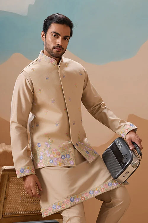Celebration Beige Kurta Koti Pant Wedding Outfit for Men Clothsvilla