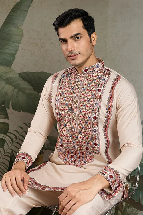 Classic Ivory Embroidered Kurta Pajama for Men Clothsvilla